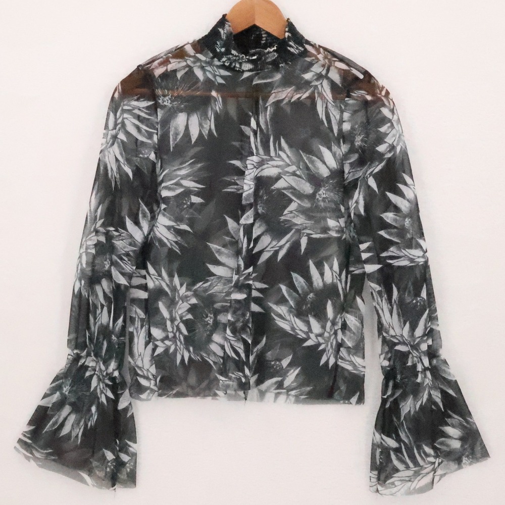 Zara Trafaluc Sheer Mesh Top Whimsigoth Dark‎ Fairy Grunge Bell Sleeve Size S